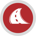a red icon with a white roadway within it